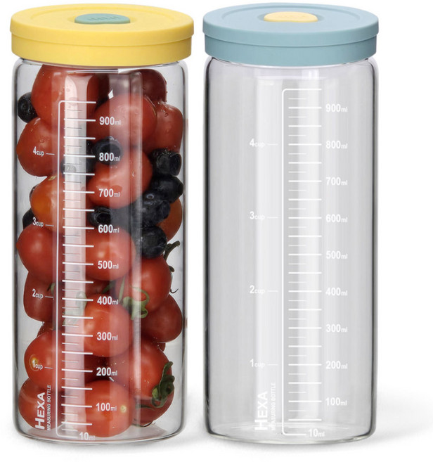 미르코리아 헥사 투톤 실리콘캡 눈금 내열유리병 1000ml x 2종 세트, 1L, 1세트