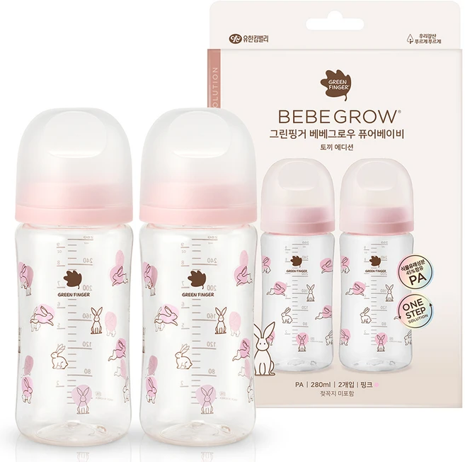 베베그로우 그린핑거 유아용 퓨어베이비 PA 노꼭지 디자인 젖병 트윈팩 토끼, 핑크, 280ml, 2개 - 쿠팡