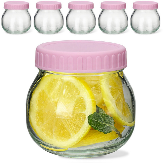 미르코리아 실리콘링 플라스틱 뚜껑 핑크 6p + 잼잼유리병 300ml x 6p 세트, 1세트