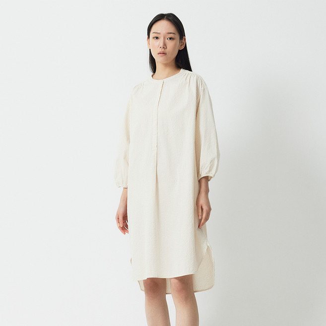 JAJU 女款涼感透氣泡泡紗格紋棉質寬鬆七分袖睡裙