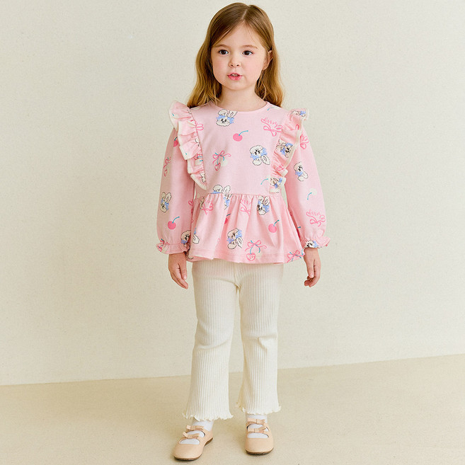 hejmini 女童櫻桃蝴蝶結兔子荷葉邊T恤上下裝套裝