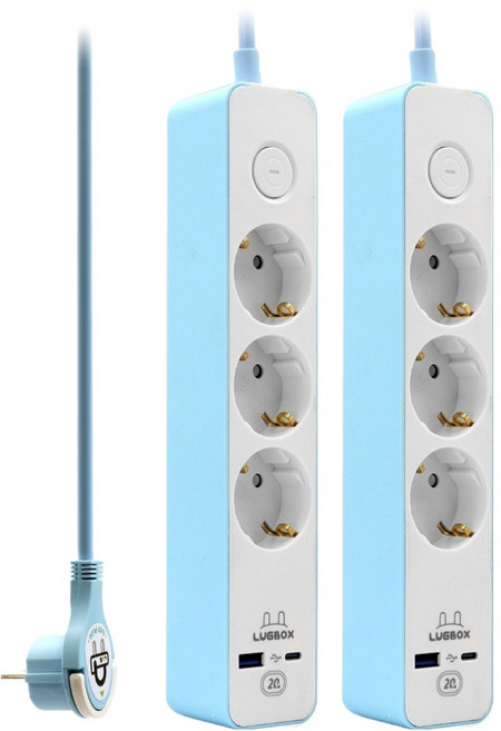 LUGBOX 高速充電 USB C型 高容量 3孔 3500W 延長線 藍色, 1.5m, 2個