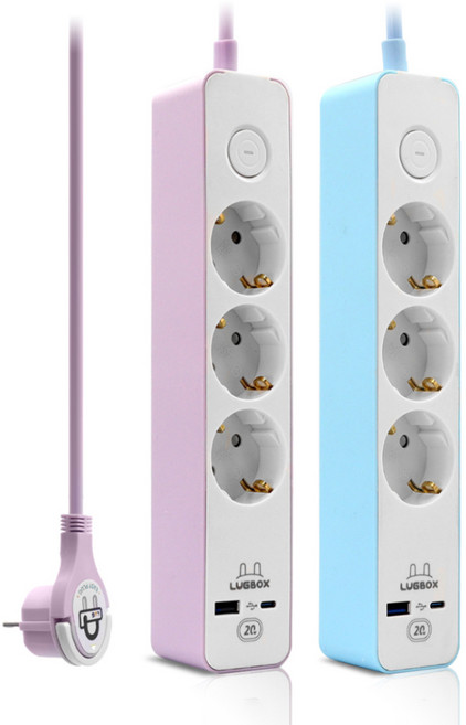 LUGBOX 高速充電 USB C型 1埠 3500W 高容量3孔延長線 藍色 + 紫粉色組合, 1套, 1.5m