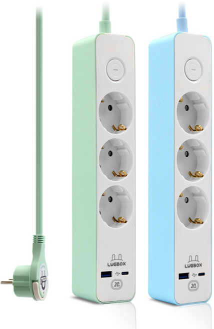 LUGBOX 高速充電 USB C型 1埠 3500W 高容量3孔延長線 藍色 + 薄荷綠 套組, 1套, 1.5m