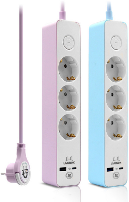 LUGBOX 高速充電 USB C型 1埠 3500W 高容量3孔延長線 藍色 + 紫粉色組合, 1套, 3m