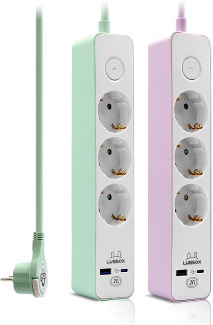 LUGBOX 高速充電 USB C型 1埠 3500W 高容量3孔延長線 薄荷綠 + 紫粉紅 套組, 1套, 3m