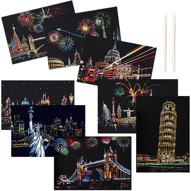 로모주 야경 스크래치북 엽서 카드 DIY 컬러링북 카드 8p + 우드스틱 2p 세트, 유럽 모음, 클래식 건축물 야경(카드), 1세트
