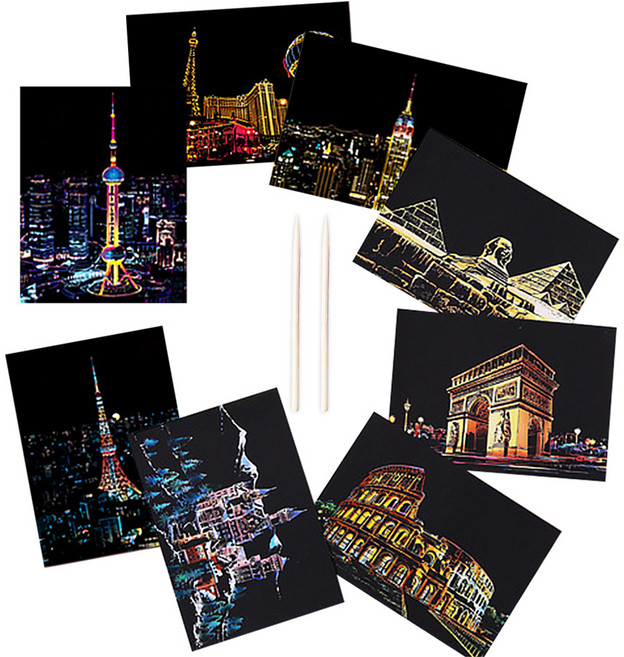 로모주 야경 스크래치북 엽서 카드 DIY 컬러링북 카드 8p + 우드스틱 2p 세트, 모던 시티 야경, 고대 건축물(카드), 1세트