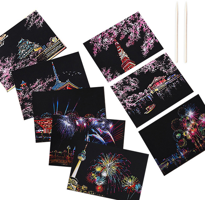 로모주 야경 스크래치북 엽서 카드 DIY 컬러링북 카드 8p + 우드스틱 2p 세트, 불꽃축제, 벚꽃 야경(카드), 1세트
