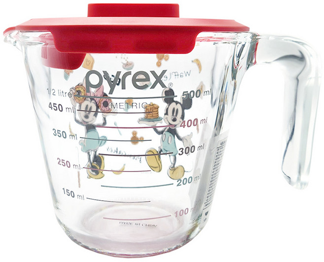 파이렉스 내열유리 계량컵 + 뚜껑 세트, 디즈니 굿모닝미키, 1세트, 500ml
