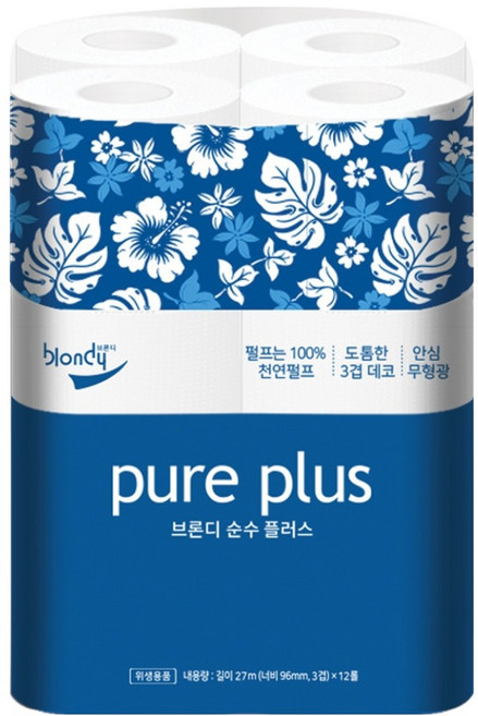 브론디 순수플러스 천연펄프 3겹 고급롤화장지, 27m, 12개입, 1개