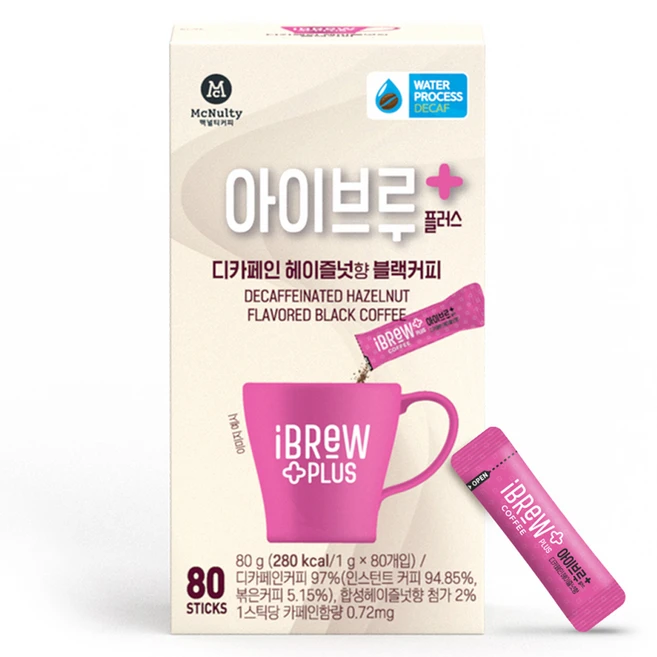 아이브루 플러스 디카페인 헤이즐넛향 블랙커피 원두커피믹스, 1g, 80개입, 1개 - 쿠팡