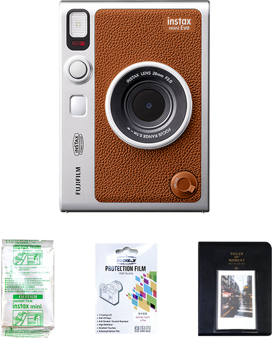 인스탁스 즉석카메라 브라운 인스탁스 미니 EVO + 미니필름 10p + 마카롱 2단 앨범 + 액정보호필름 세트, 1세트