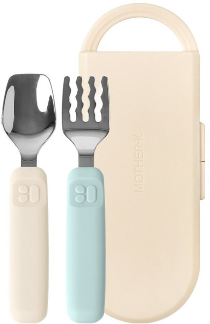 마더케이 유아용 허그 자기주도 스푼 포크 + 케이스 세트, 민트크림, 1세트