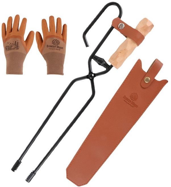 브리즈문 캠핑 반자동 악어이빨 바베큐 화로 장작 숯 집게 + 전용 가죽 케이스 + 논슬립 장갑 세트, 혼합색상, 1세트