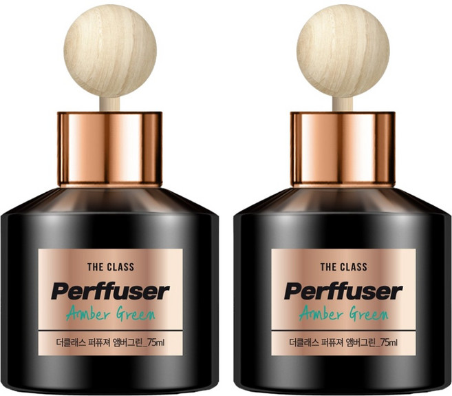 더클래스 퍼퓨저 차량용 방향제 75ml + 우드볼 스틱 + 논슬립 패드, 앰버그린, 2세트