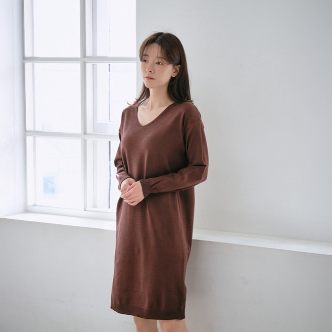 Goodif 女款V領舒適寬鬆長版針織連身裙, 咖啡色