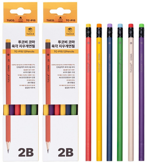 투코비 코마 육각 연필 2B TC-P15 6종 x 2p 세트, 혼합색상, 2개