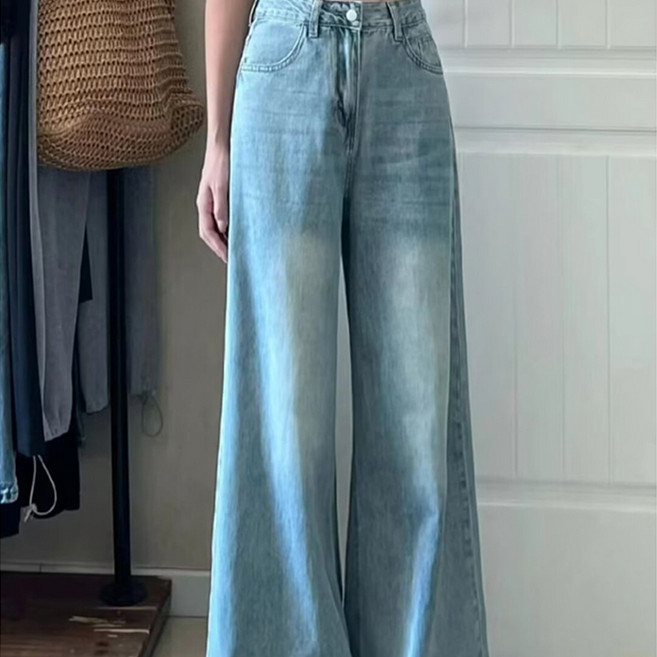 구디프 여성용 워싱 연청 플레어 루즈핏 데님 팬츠