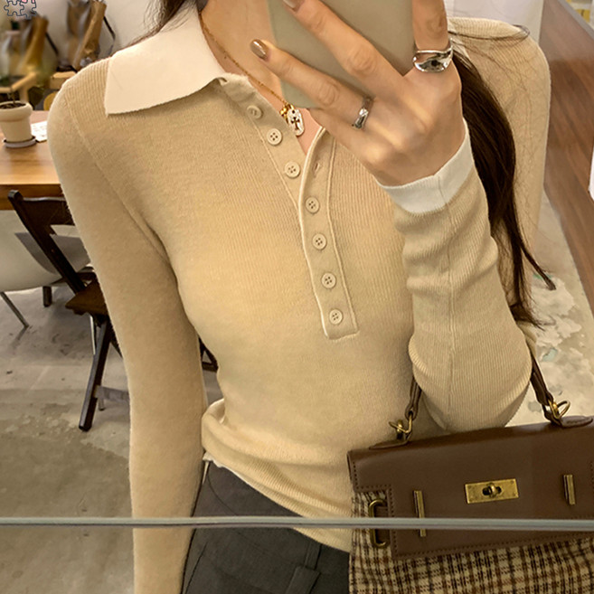 페이퍼먼츠 여성용 콜스 슬림핏 투톤 카라 니트 티셔츠 10136