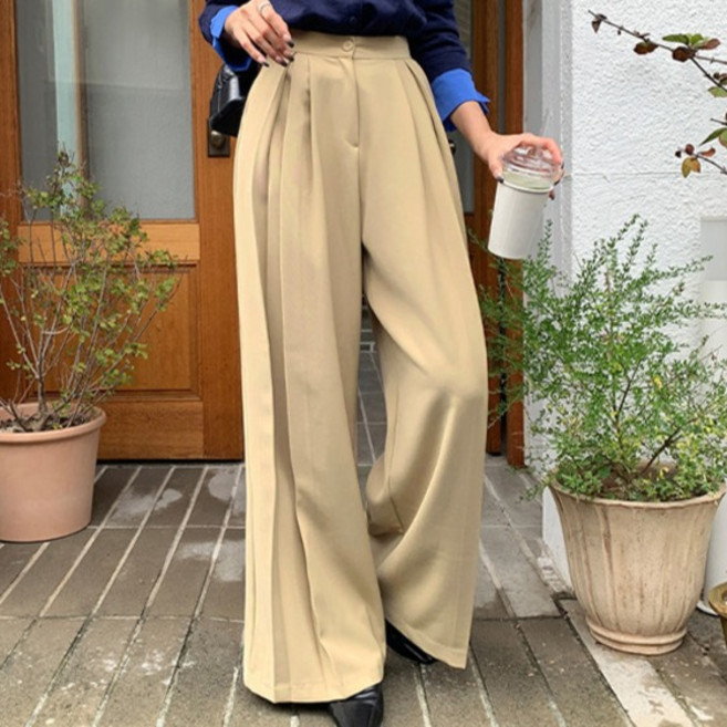 Paperments 女款壓紋褶皺寬版春秋西裝褲 10034