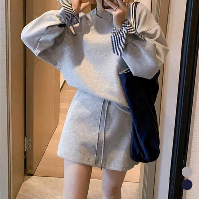 메이첼 체크 포인트 맨투맨 스커트 투피스 세트 06698