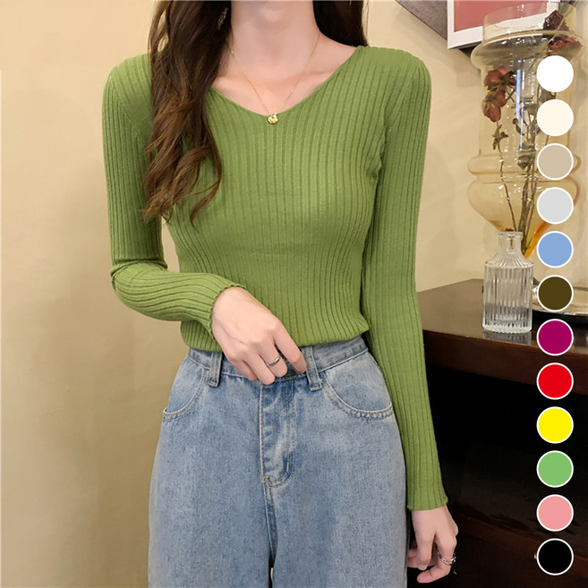 메이첼 여성용 시크 슬림핏 브이넥 긴팔 이너 니트 10236