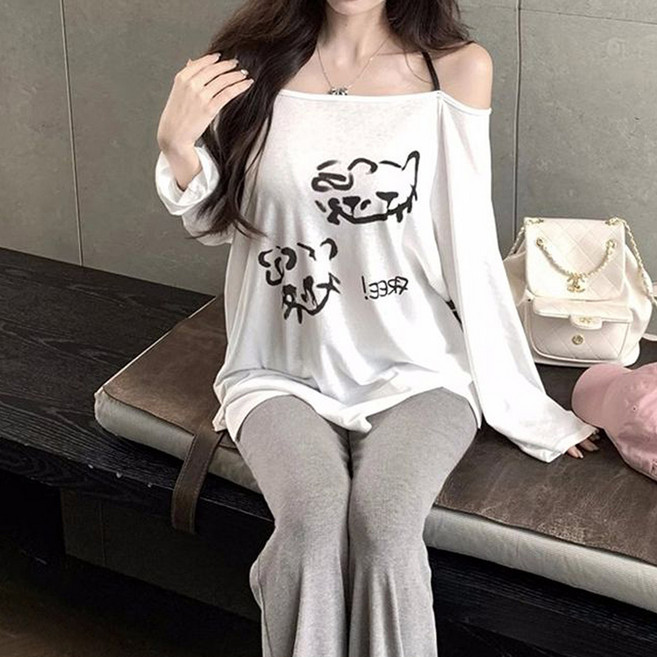 비비에모 여성용 일자 어깨 프린트 긴팔 봄 루즈핏 티셔츠 10213