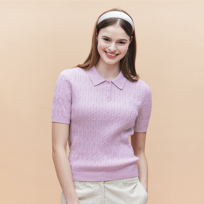 헤지스 여성용 아이코닉 면 케이블 반팔 카라 풀오버