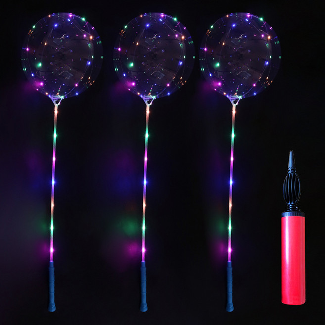 뷰라뷰 LED 풍선 야광 파티 축제 풍선세트 3p + 손펌프, 투명(풍선), 랜덤발송(손잡이, 손펌프), 1세트