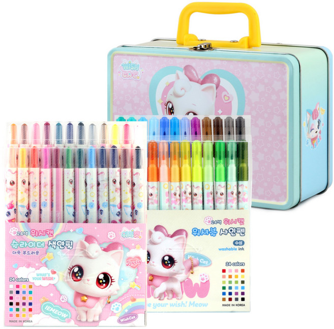위시캣 피크닉 가방 + 24색 색연필 + 24색 사인펜 세트, 랜덤발송, 1세트