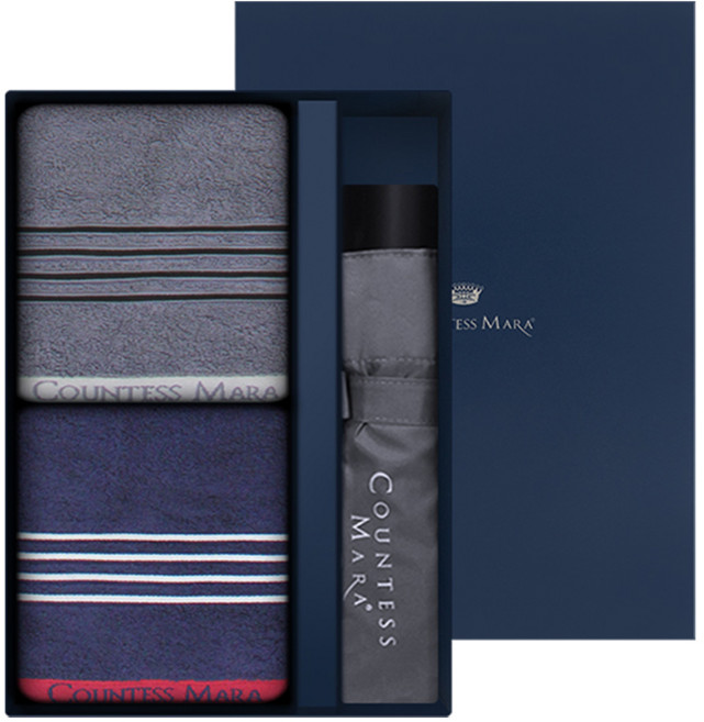 카운테스마라 송월타월 포라인 스포츠 100g 30수 면사 2p +CM 3단 폰지 우산 선물세트, 1세트