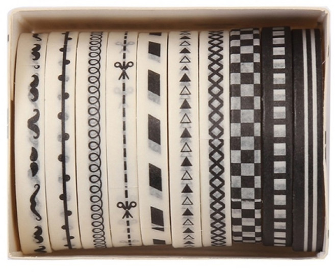 셀링뉴 아트스핀 울타리 다꾸 마스킹 종이 테이프 10종 세트 5mm x 2m, 블랙엔화이트, 1세트