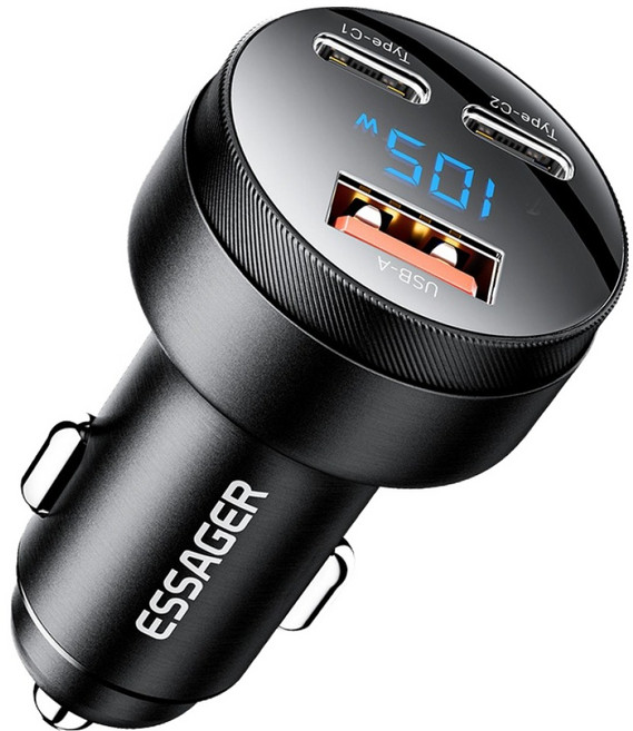 ESSAGER 帶顯示器 3孔車用點菸器 PD PPS 雙Type-C埠 超高速充電器 105W, 黑色, FSJ-008