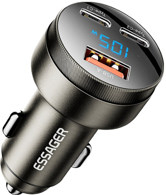 ESSAGER 帶顯示器 3孔車用點菸器 PD PPS 雙Type-C埠 超高速充電器 105W, 灰色, FSJ-008