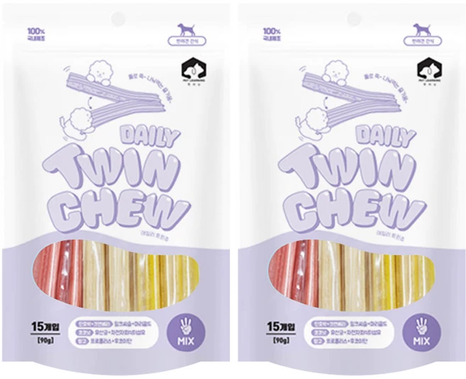 펫러닝 강아지 데일리트윈츄 덴탈껌 믹스 15p, 혼합맛(단호박/크렌베리/망고/코코넛), 90g, 2개 - 쿠팡
