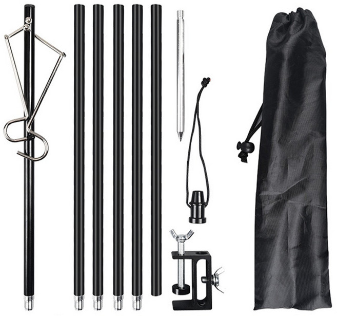 메이크마인 프리미엄 다용도 3단 접이식 랜턴 스탠드 캠핑용 자바라 삼각대 랜턴걸이 플러그인 테이블클립 + 더블 훅 2.1m 세트, 블랙, 1세트