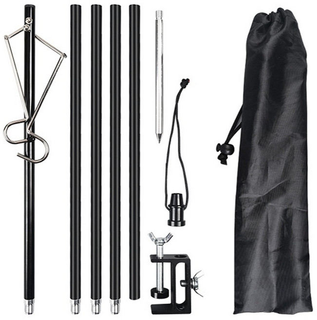 메이크마인 프리미엄 다용도 3단 접이식 랜턴 스탠드 캠핑용 자바라 삼각대 랜턴걸이 플러그인 테이블클립 + 더블 훅 1.75m 세트, 블랙, 1세트