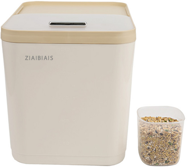 ZABAS 슬라이딩 밀폐 용기 방습 잡곡 쌀보관 스마트 쌀통 10kg +계량컵 세트, 크림, 1개