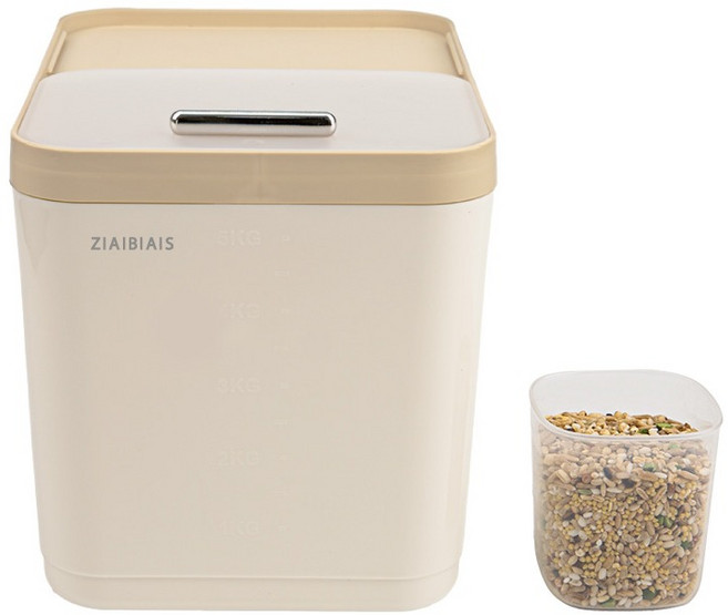 ZABAS 슬라이딩 밀폐 용기 방습 스마트 쌀통 5kg + 계량컵 세트, 크림, 1세트