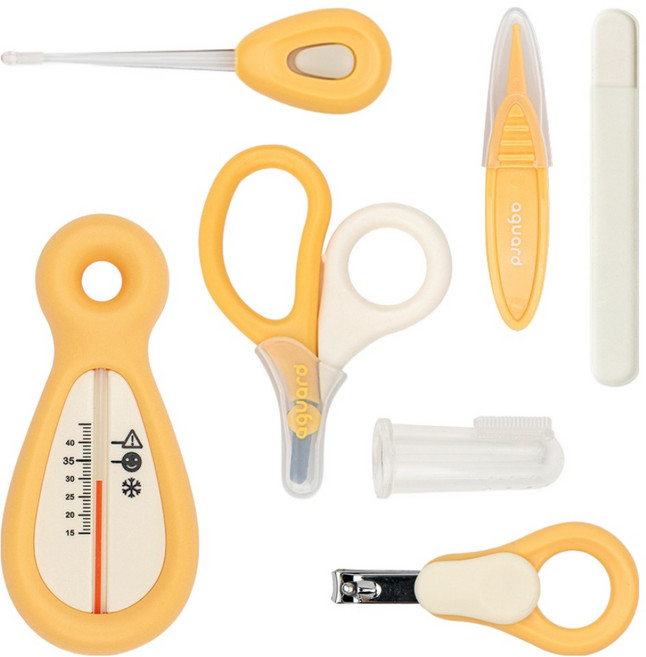 아가드 유아용 위생용품 손가락 칫솔 + 핀셋 + 손톱가위 + 손톱깍이 + 귀이개 + 탕온계 + 네일파일 세트, 옐로우