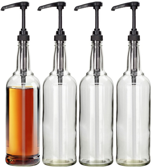 미르코리아 투명 펌프 시럽 유리병 블랙, 4개, 750ml