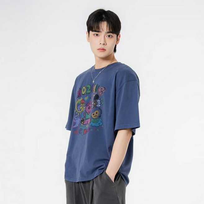 모즈모즈 남녀공용 색연필곰 오버핏 피그먼트 반팔 티셔츠