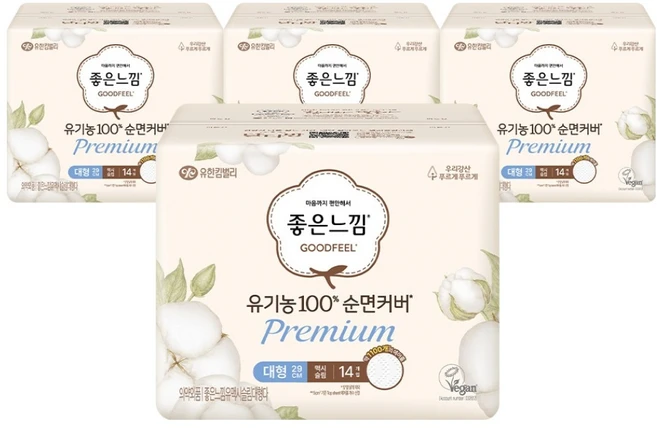 좋은느낌 유기농 순면 100% 프리미엄 맥시 슬림 생리대 날개형, 대형, 14개입, 4개 - 쿠팡