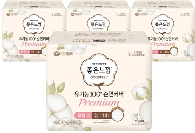 좋은느낌 유기농 순면커버 프리미엄 맥시슬림 생리대 날개형, 중형, 14개입, 4개 - 쿠팡