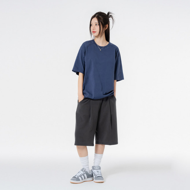 모즈모즈 어깨절개 피그먼트 반팔 + 피그먼트 와이드 원턱 쇼츠 세트