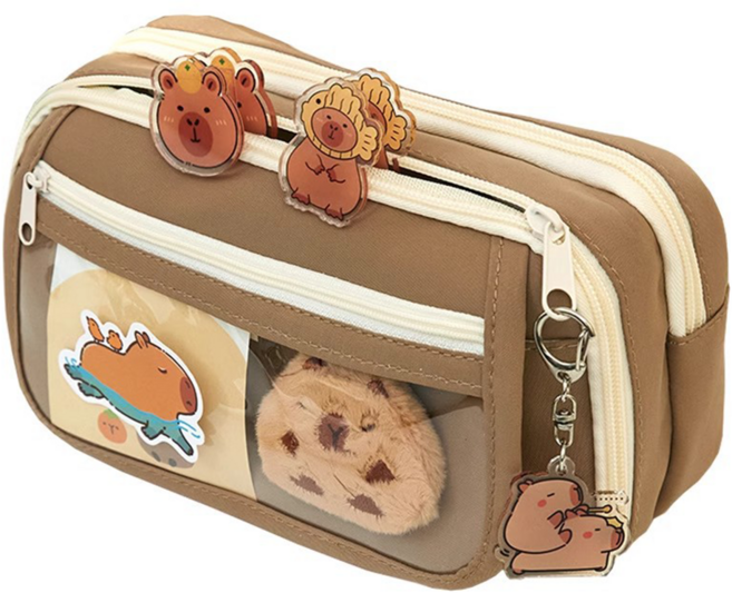 mini 嚴選 卡比巴拉9層大容量筆袋 附吊飾 配件 款式隨機 CN0380-K, 咖色, 1個
