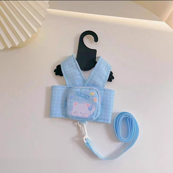 코코스튜디오 반려동물 체크 배낭 하네스 + 목줄 세트, 블루, 1세트