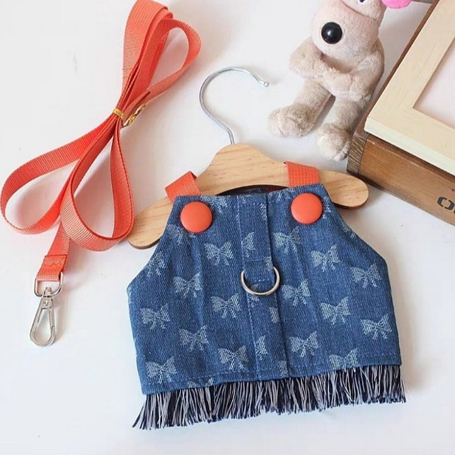 코코스튜디오 강아지 데님 프린지 멜빵 하네스 세트, 진청, 1개