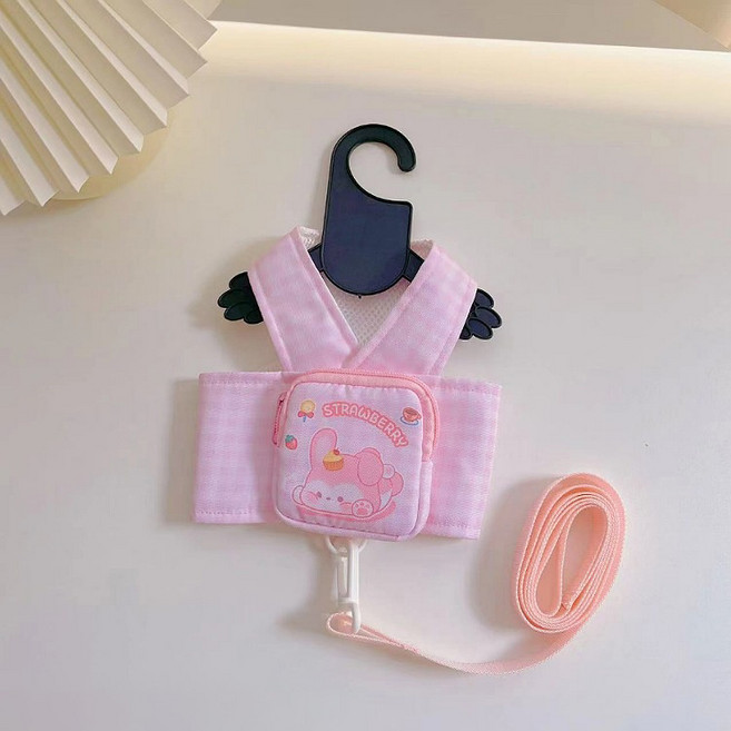 코코스튜디오 반려동물 체크 배낭 하네스 + 목줄 세트, 핑크, 1세트